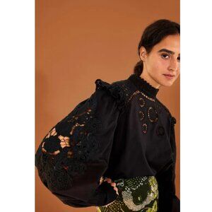 Anthropologie FARM Rio Lace Eyelet Blouse In Black L